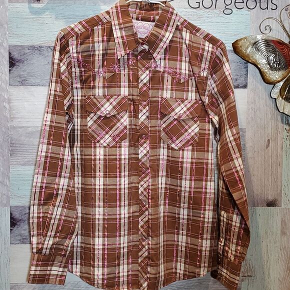 Cowgirl Hardware Sz S Brown Pink Metallic Plaid Studded Pearl Snap Western Shirt - Picture 1 of 9
